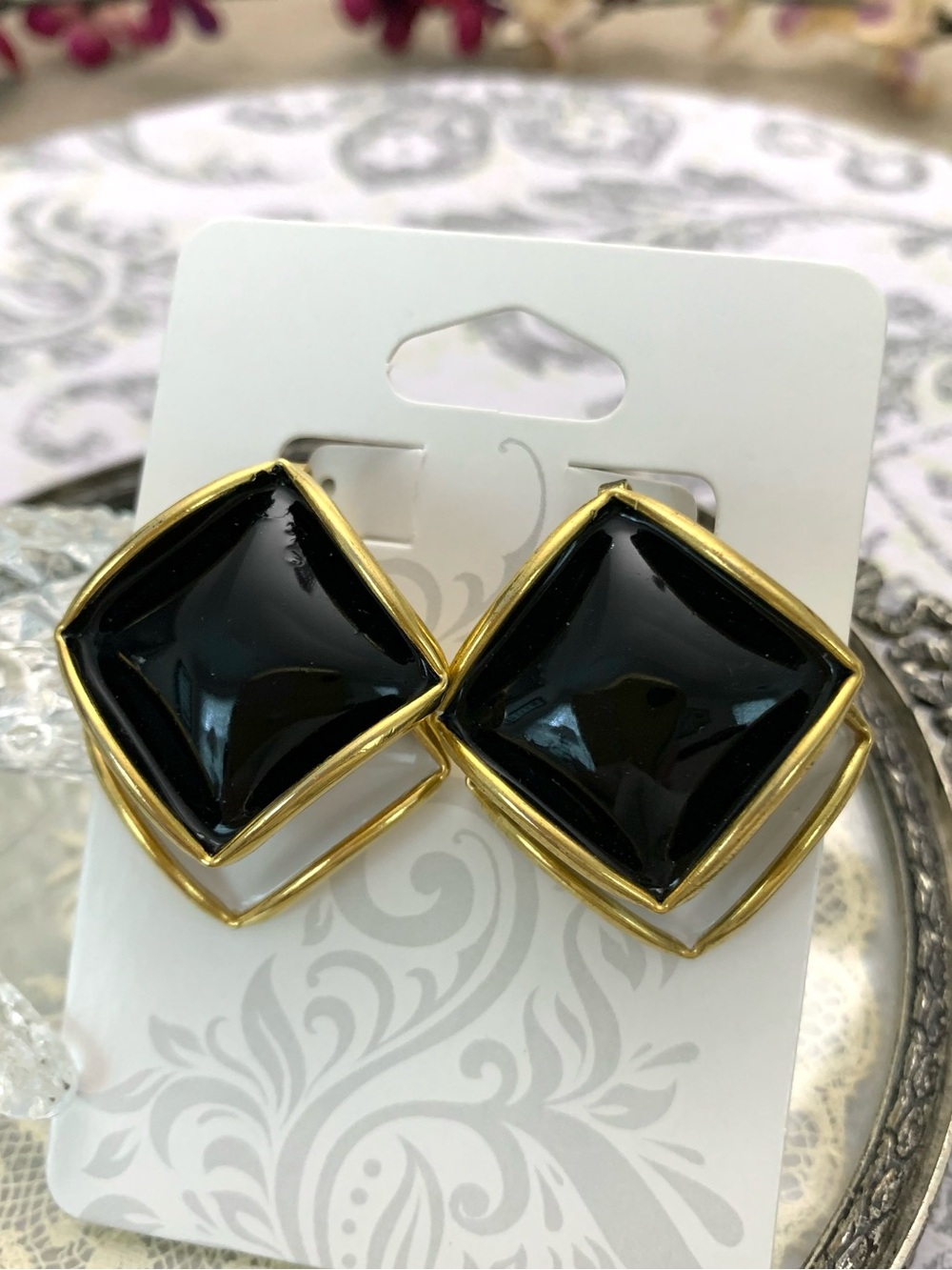 Vintage Signed Robert Black White Harlequin Enamel Art Deco Gold Clip Earrings